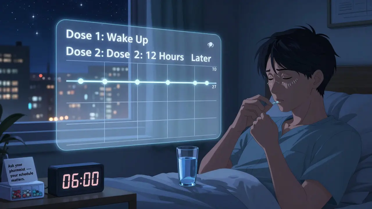 Night-shift worker taking medication at 6 a.m. with floating personalized medication schedule above bed