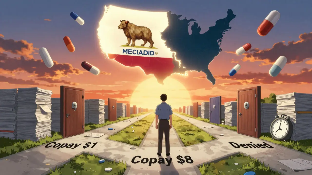 Patient at a crossroads with three paths representing different generic drug costs and denials under Medicaid.