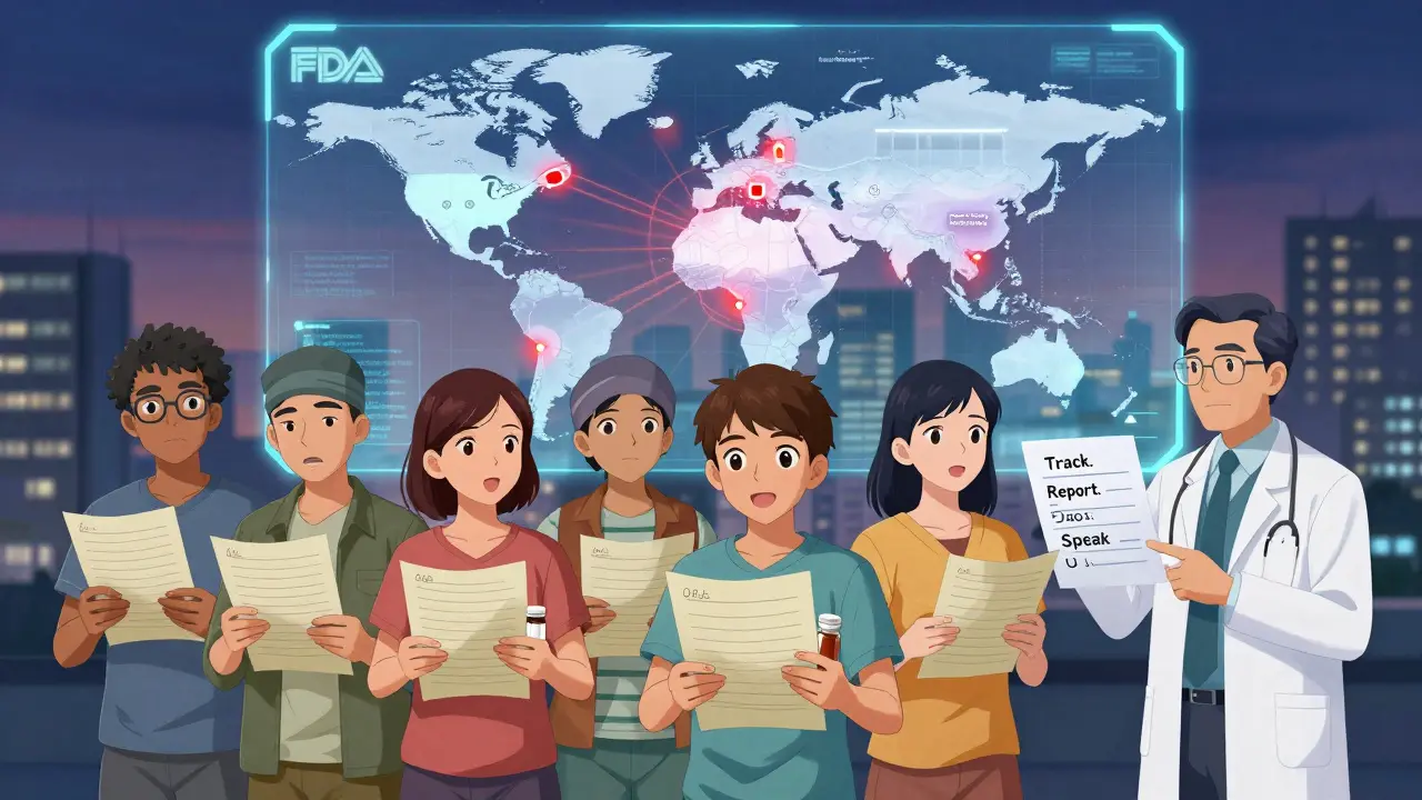 Patients holding medication logs before a holographic map of global drug factories with warning pulses.