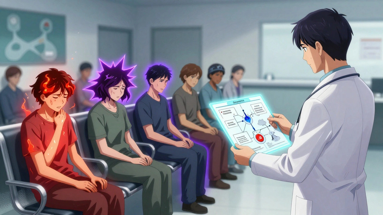 Patients in a clinic with pain auras, a doctor holding a treatment flowchart.