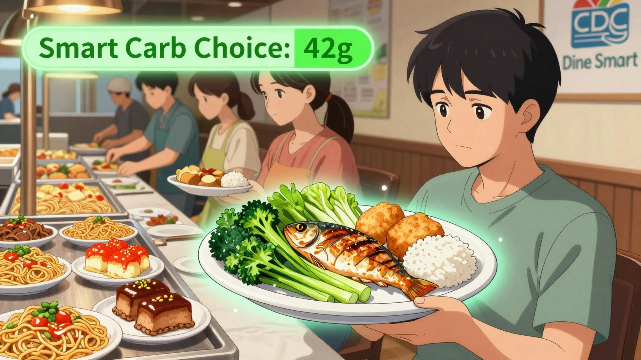 Person choosing healthy options at a buffet with vegetables and grilled fish, small rice portion, others overloading plates.
