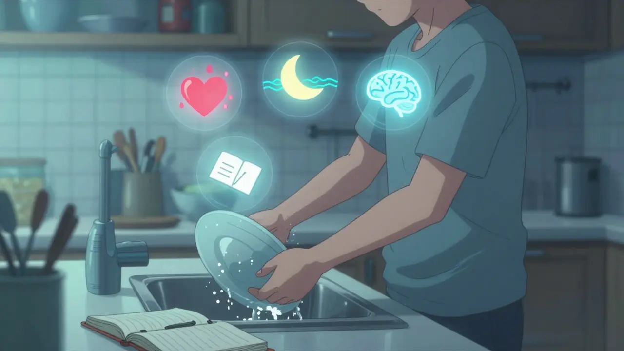 Person correcting posture at kitchen counter with healing icons floating nearby