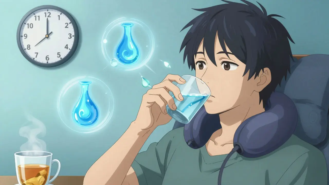 Person slowly sipping water with clock and electrolyte balance visuals, head supported, eyes open, ginger tea nearby.