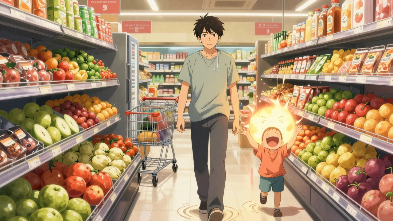 Person walking calmly through a grocery store, once-painful sounds now gentle and colorful.