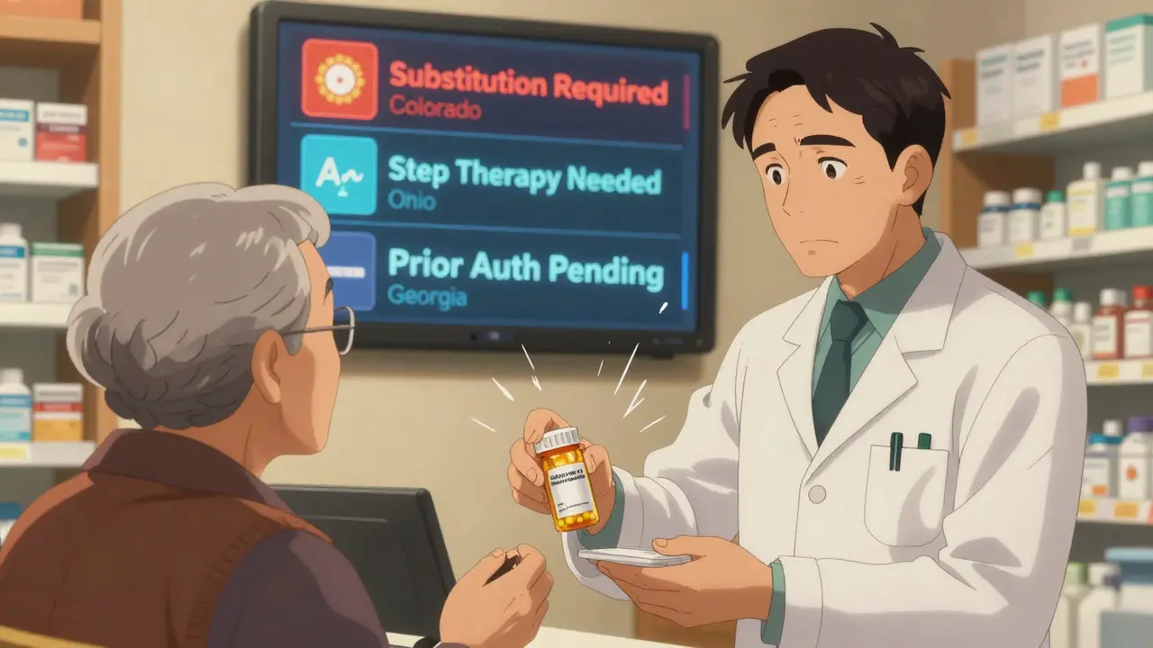 Pharmacist giving a generic pill bottle to an elderly patient, with state rules displayed on a digital screen behind them.