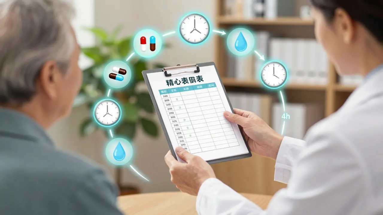 Pharmacist giving personalized medication schedule with floating icons of pills, fiber, and clocks.