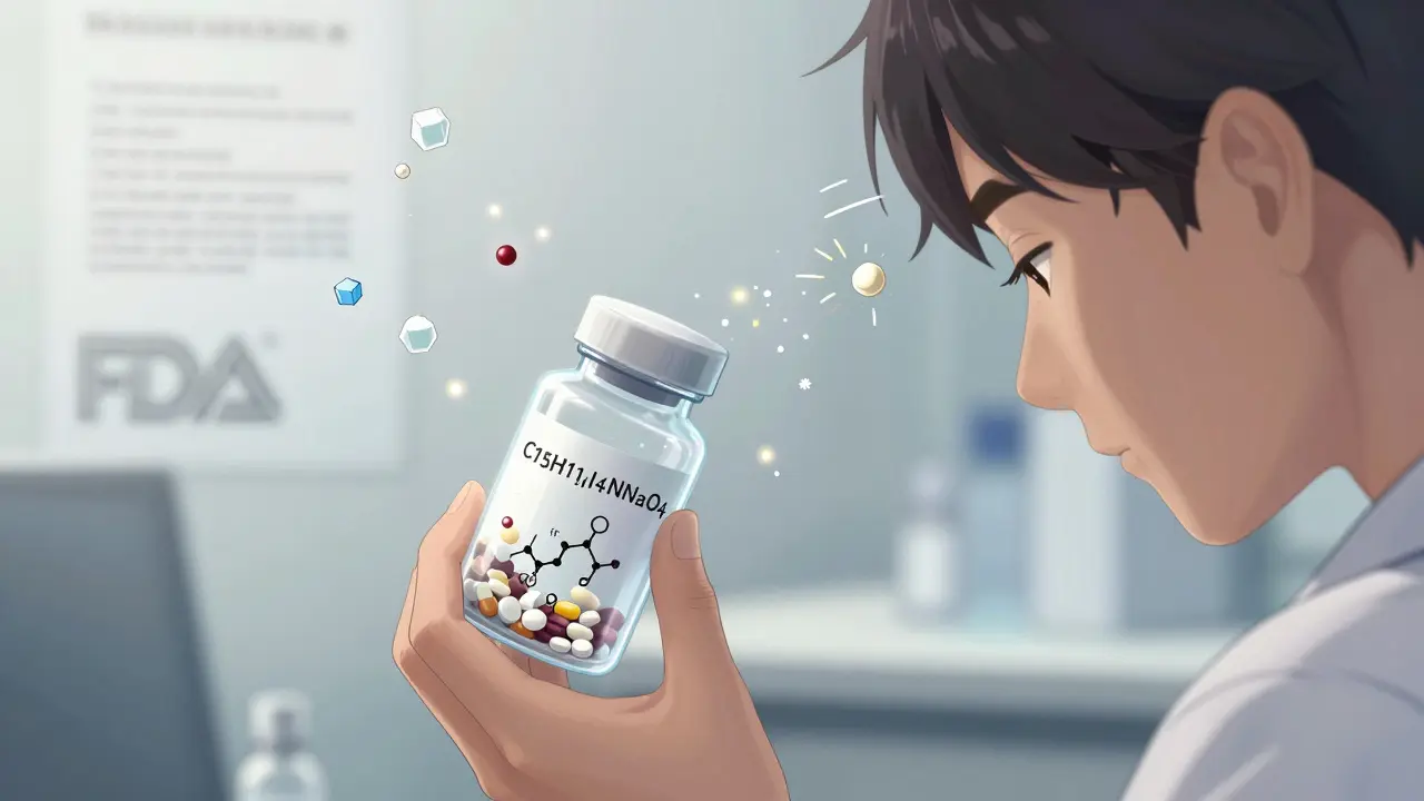 Pharmacist handing a pill bottle with swirling thyroid hormone molecules and floating excipient particles affecting the patient.