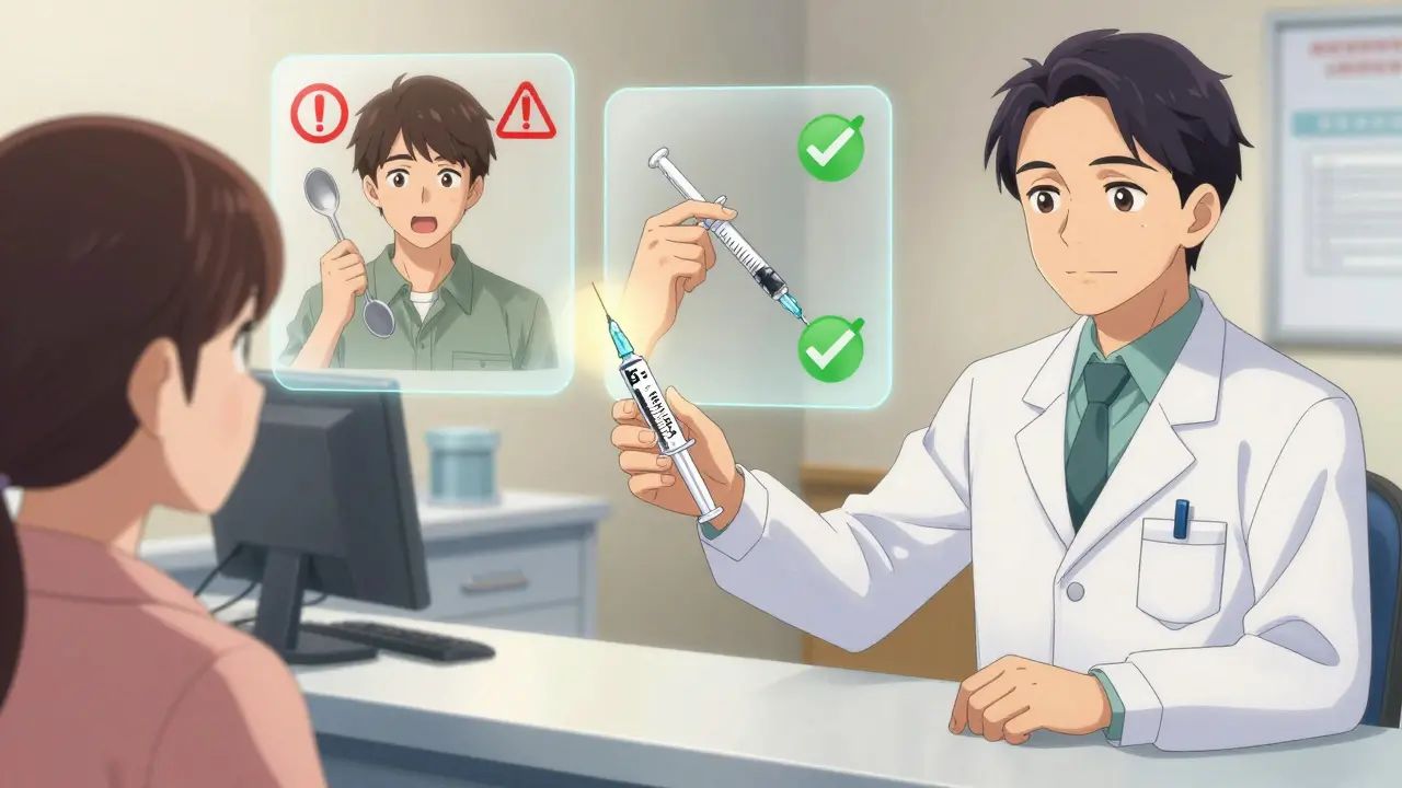 Pharmacist handing patient a dosing syringe instead of a kitchen spoon for liquid medicine