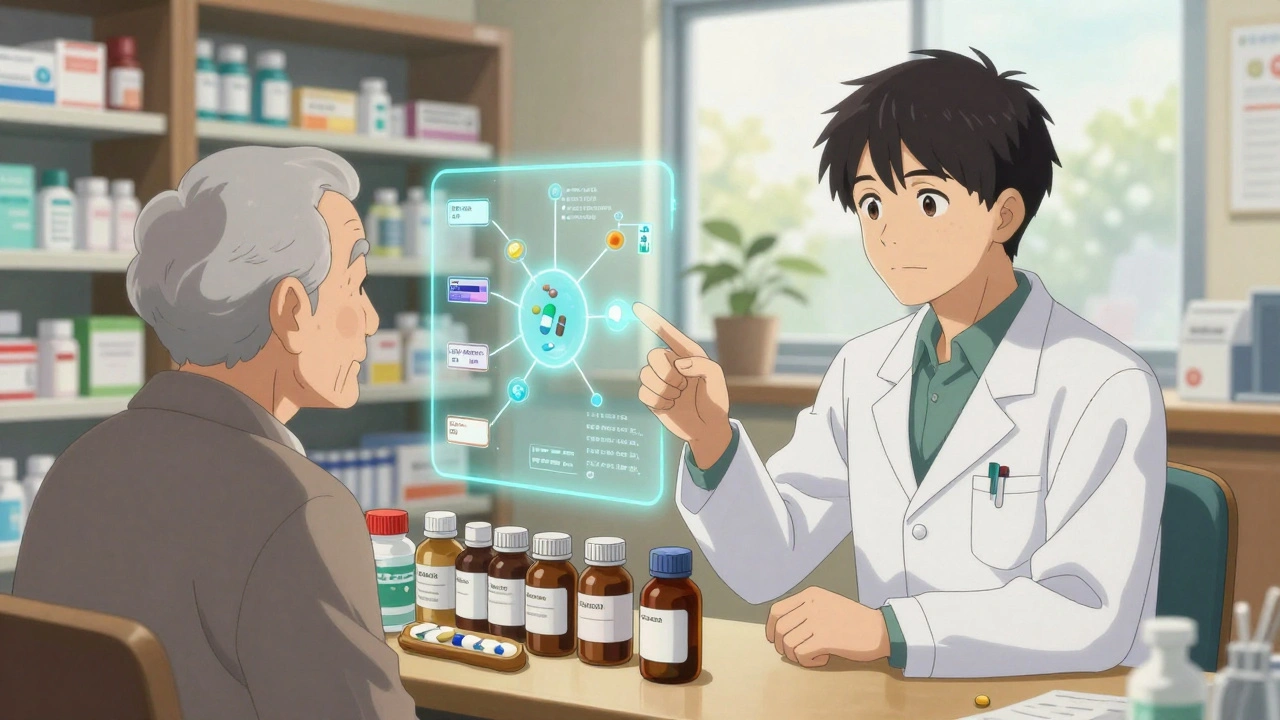 Pharmacist helping an elderly patient sort through medications during a reconciliation consultation.