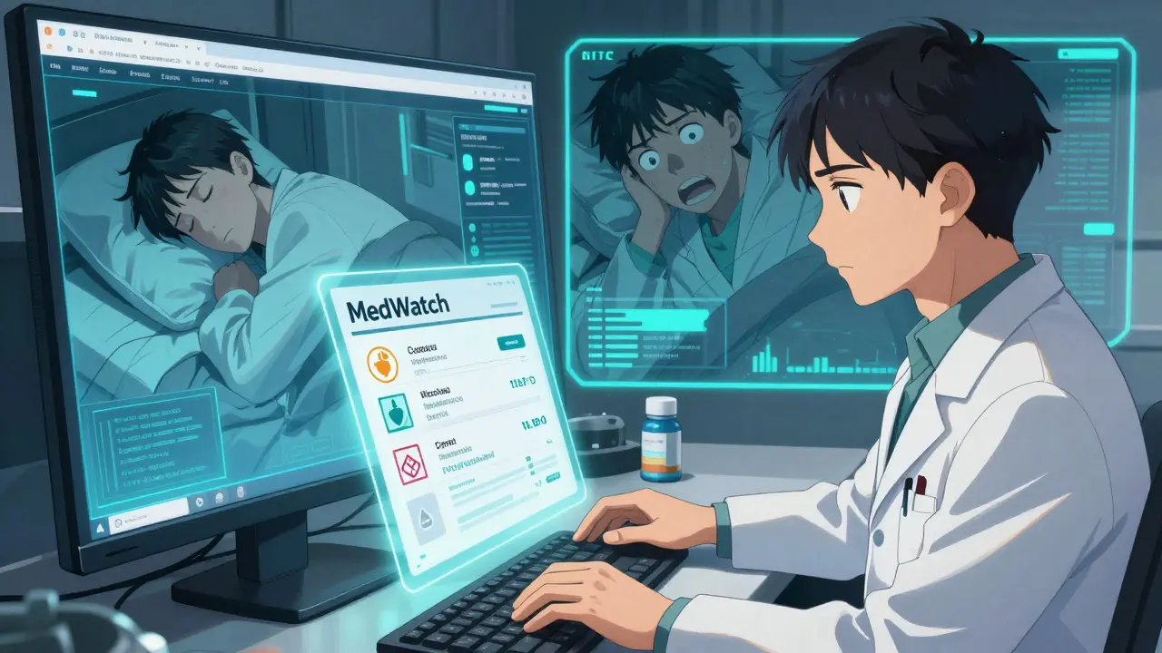 Pharmacist submitting adverse event report via MedWatch portal with medical data visualizations.