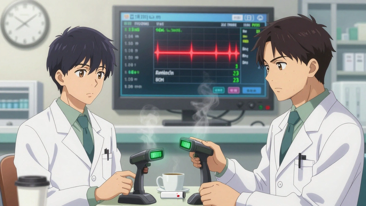 Pharmacy team double-checking a high-alert medication with barcode scanners and patient data on screen.