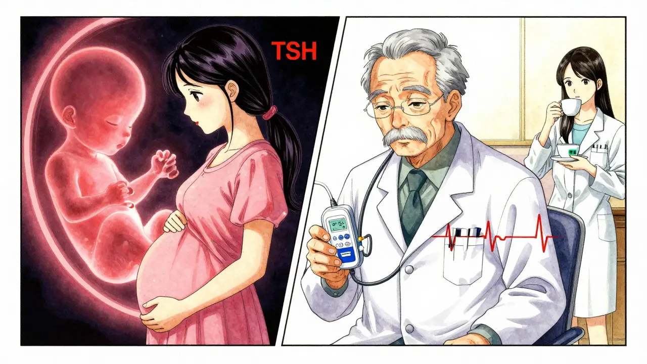 Pregnant woman and elderly man with abnormal TSH levels contrasted with a healthy adult in a calm pharmacy scene.