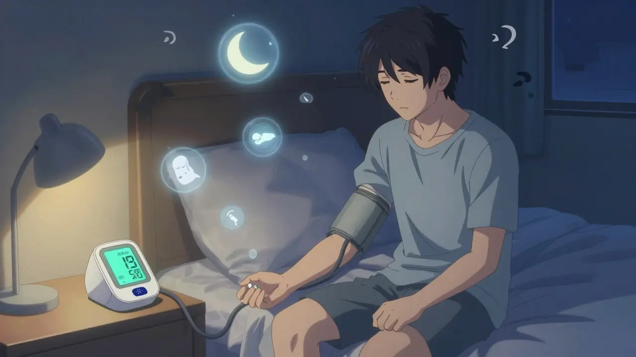 Someone taking their blood pressure pill at night in a calm, well-lit bedroom, with a monitor showing stable readings.