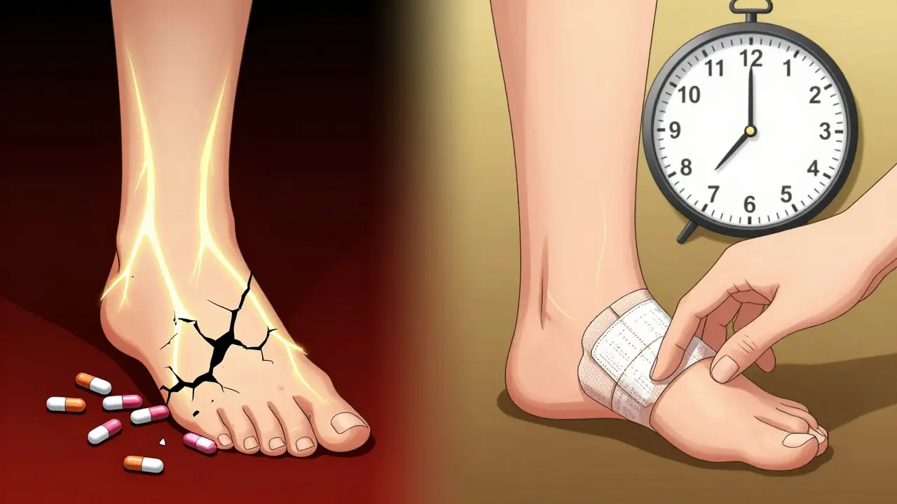 Split image: damaged nerves crumbling vs. healed foot with bandage, clock showing recovery time.
