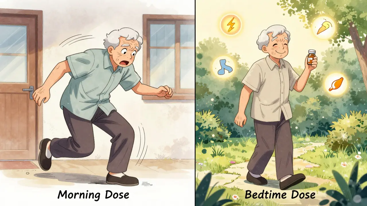 Split image: elderly person falling in morning vs. walking confidently at dawn after switching to nighttime medication.