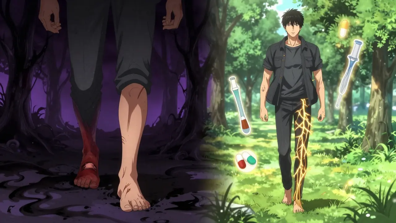 Split image: person with foot wound vs. same person walking healthily after treatment