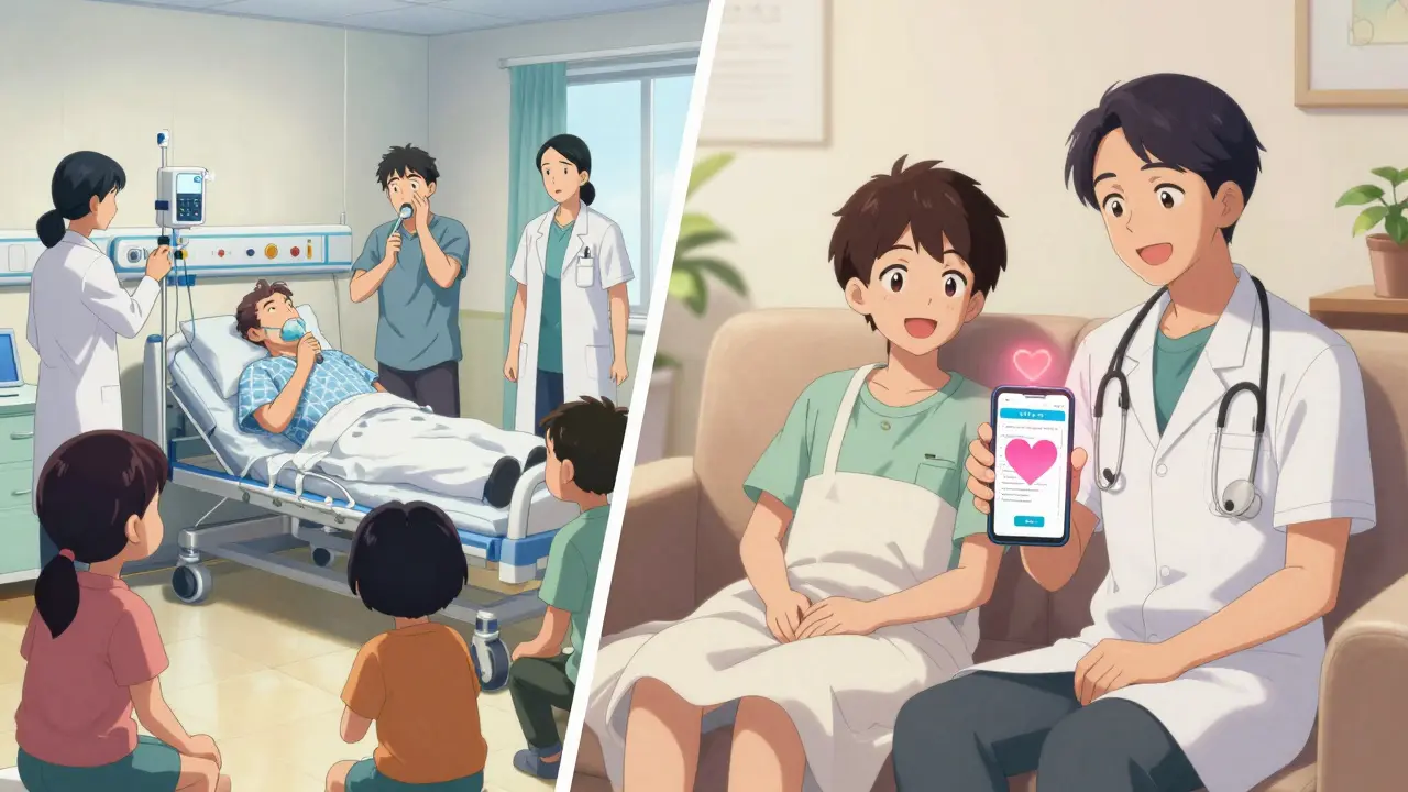 Split scene: chaotic ICU argument vs. peaceful home setting where a patient and agent share a calm moment with digital paperwork visible.