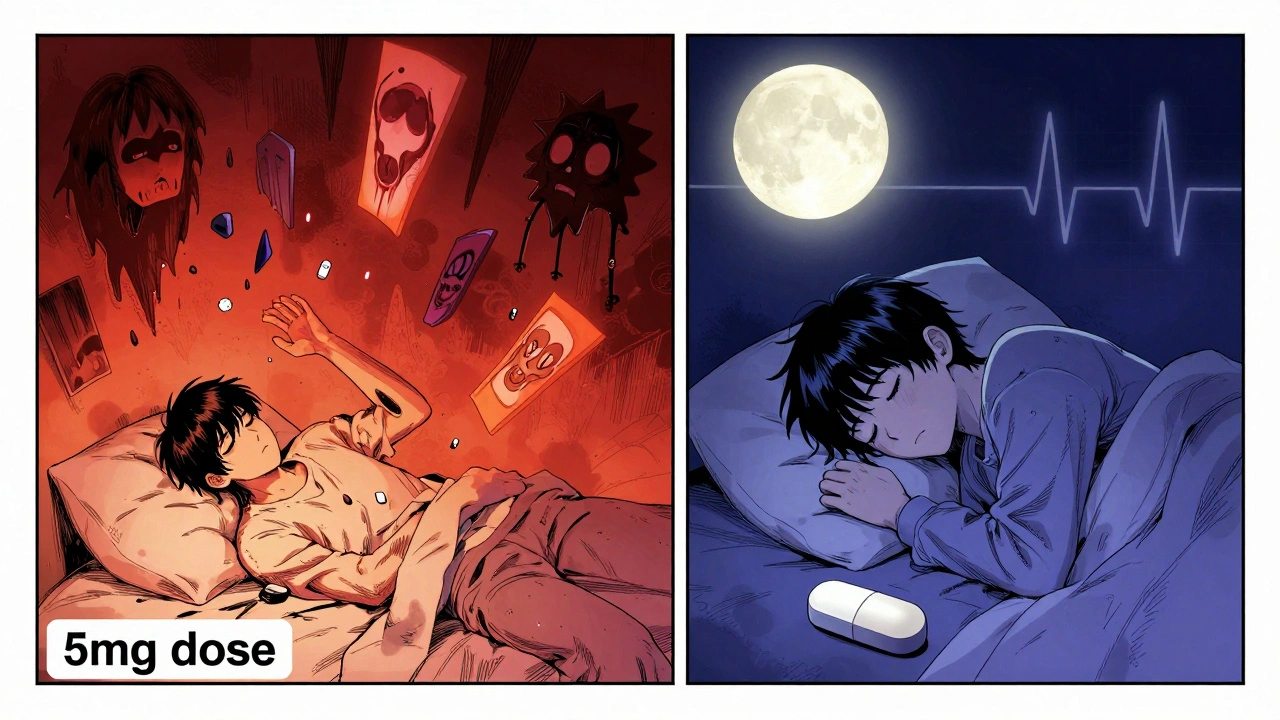 Split scene: chaotic sleeplessness with high doses vs. peaceful rest with low-dose melatonin and moonlight.