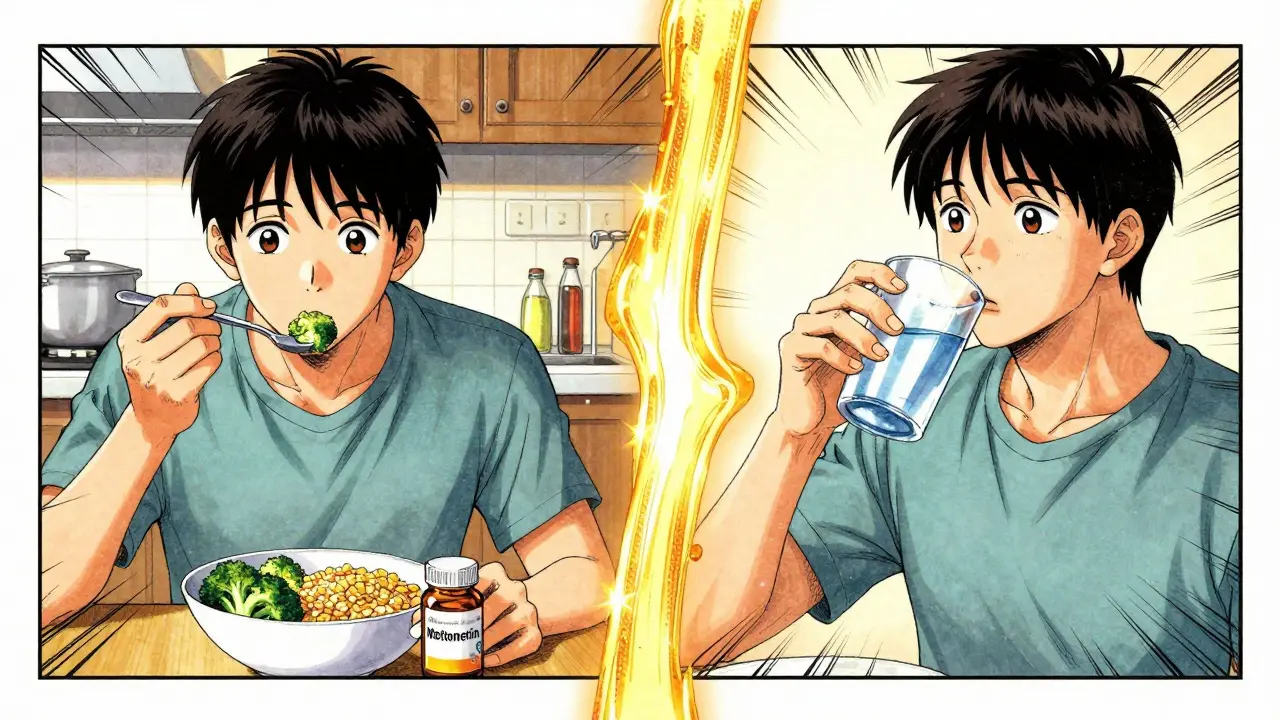 Split scene: person eating fiber-rich meal beside diabetes pill, then later taking fiber supplement with water.