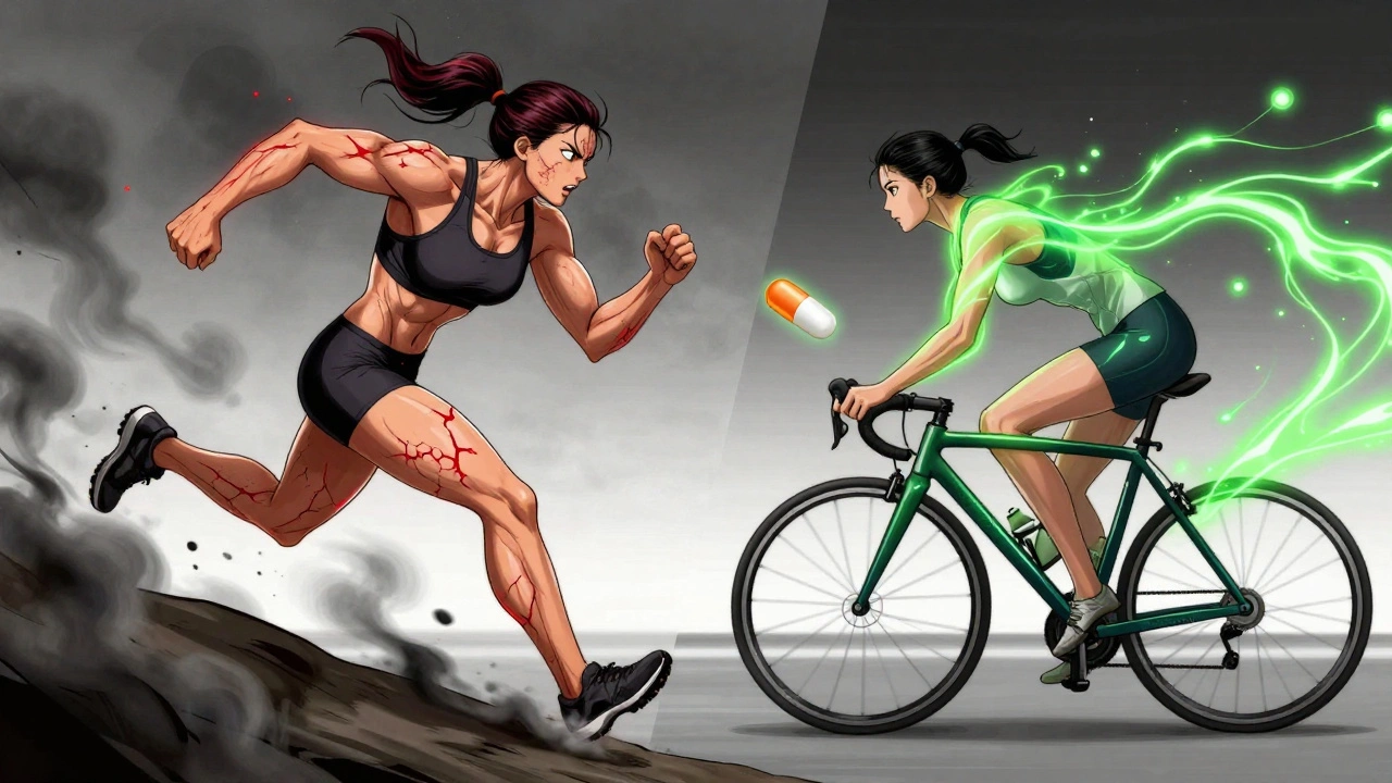 Split scene showing dangerous high-intensity exercise vs. safe cycling with CoQ10 and rosuvastatin.