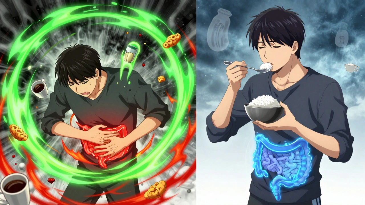 Split scene showing digestive distress transforming into calm with healthy eating and soothing energy.