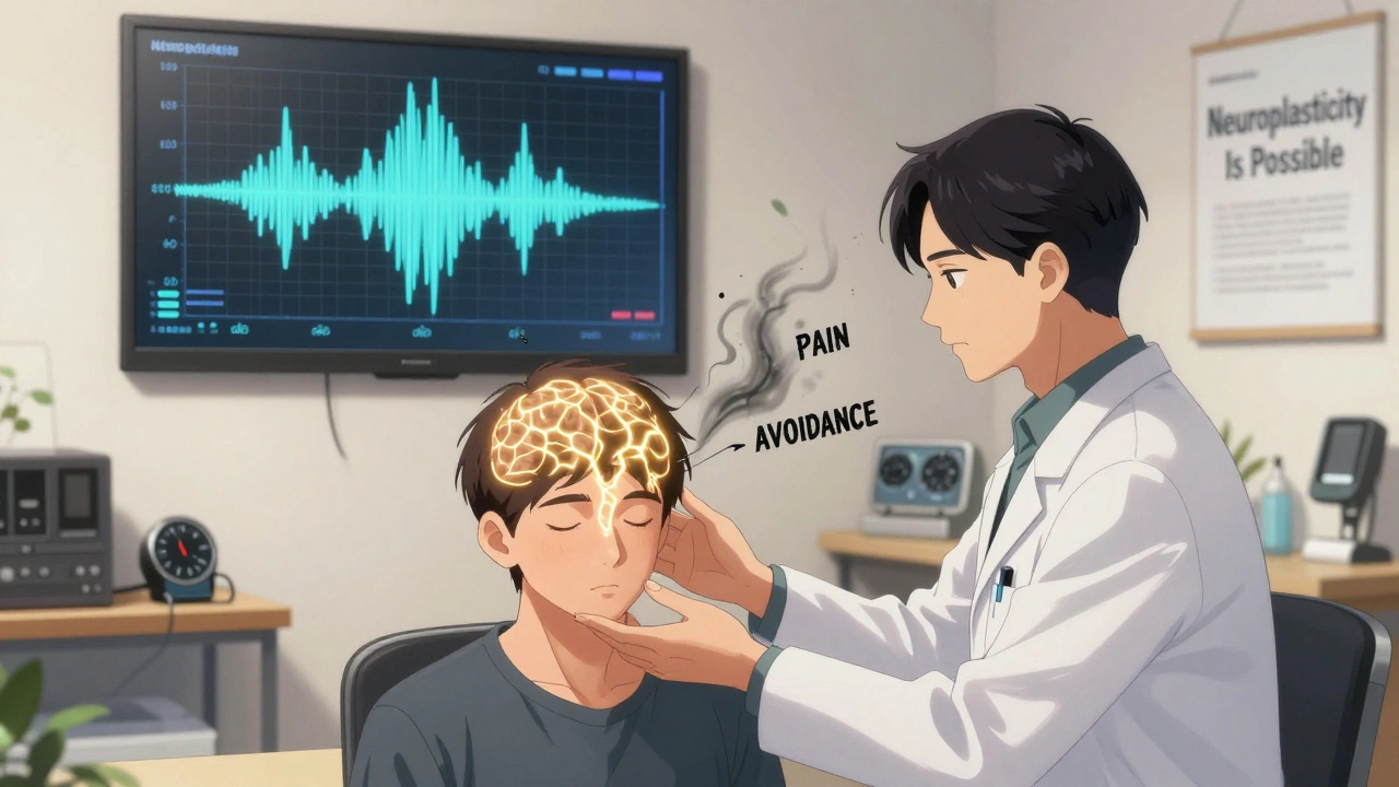 Therapist and patient during sound therapy, with neural pathways lighting up as fear fades.