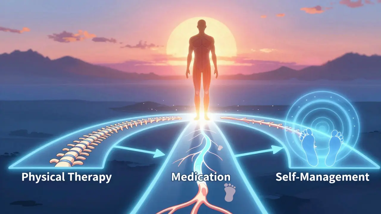 Three interconnected pathways of therapy, medication, and self-management converging into a strong figure