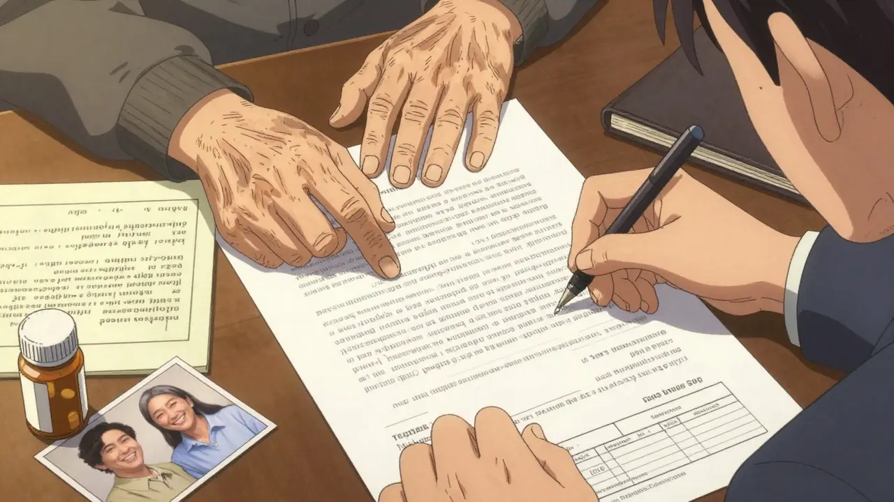 Two hands sign a medical power of attorney form, surrounded by handwritten notes, a pill bottle, and a cherished photo under warm lamplight.