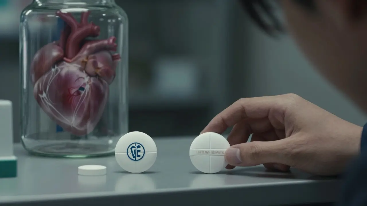 Two similar pills side by side, one familiar, one new, with a patient's reflection showing heart palpitations.