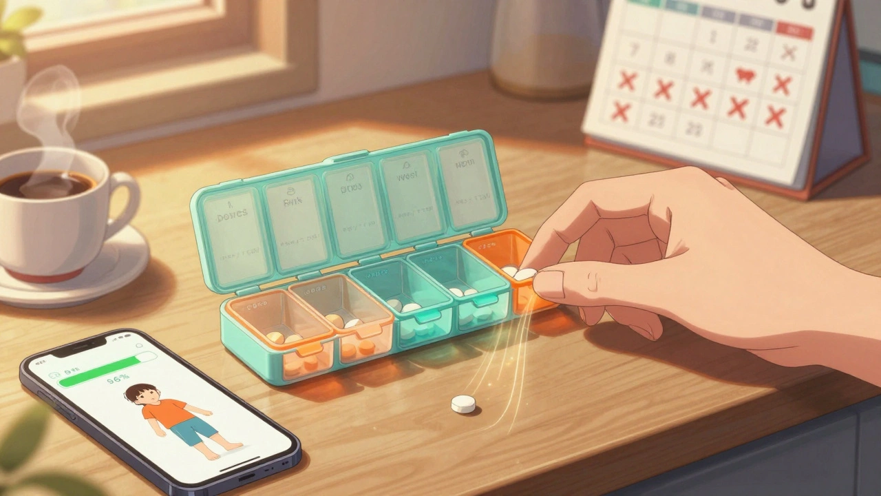 Weekly pill organizer beside coffee cup with smartphone showing progress bar and child’s photo.