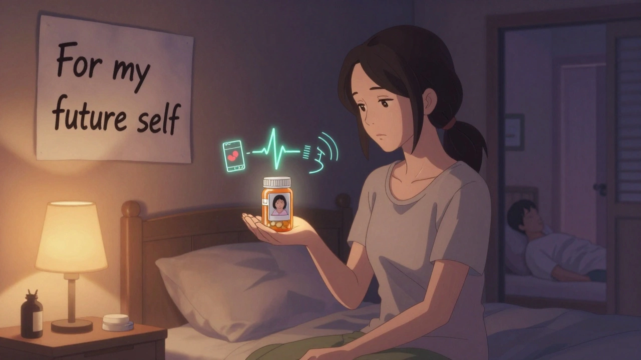 Woman holding pill bottle with family photo at night, peaceful expression in dim room.