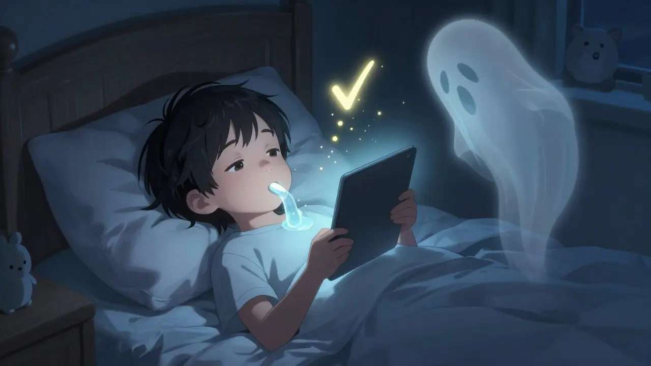 A child sleeps peacefully as a tablet dissolves in their mouth with glowing particles.