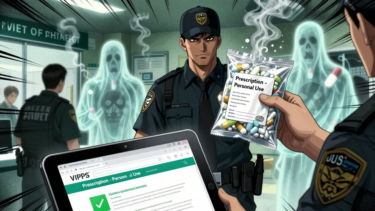 A customs officer inspects a prescription package as counterfeit pills vanish into smoke, with a verified pharmacy website visible.