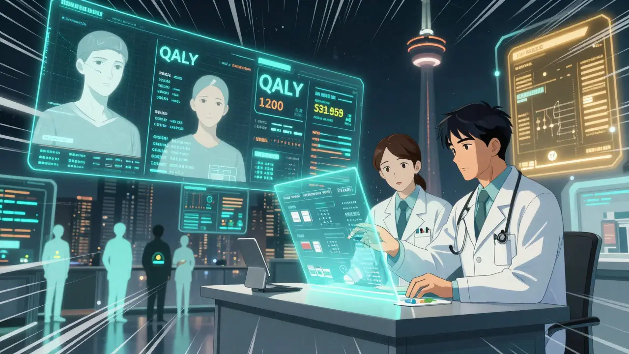 A digital health hub with AI and medical staff analyzing generic drug outcomes using holographic data displays.