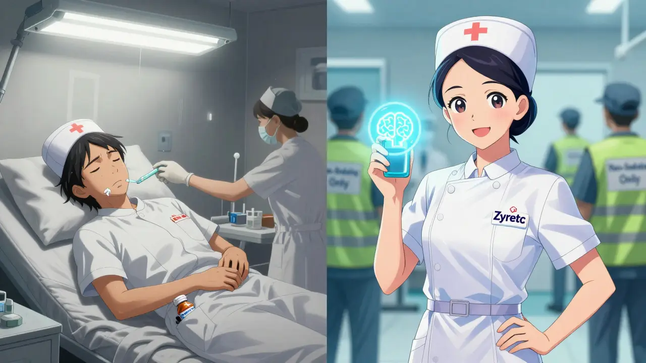 A nurse transitioning from drowsiness to alertness with contrasting antihistamine bottles.