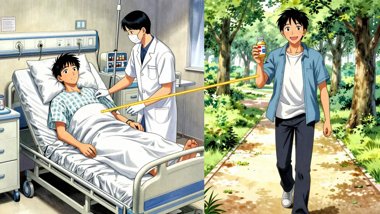 A patient’s journey from hospitalization to health, contrasted by generic medication use and improved outcomes.