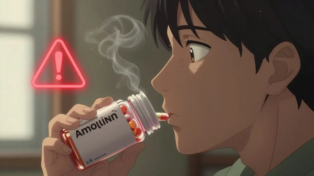 A person sniffing amoxicillin capsules with a vinegary mist rising, eyes wide in alarm.