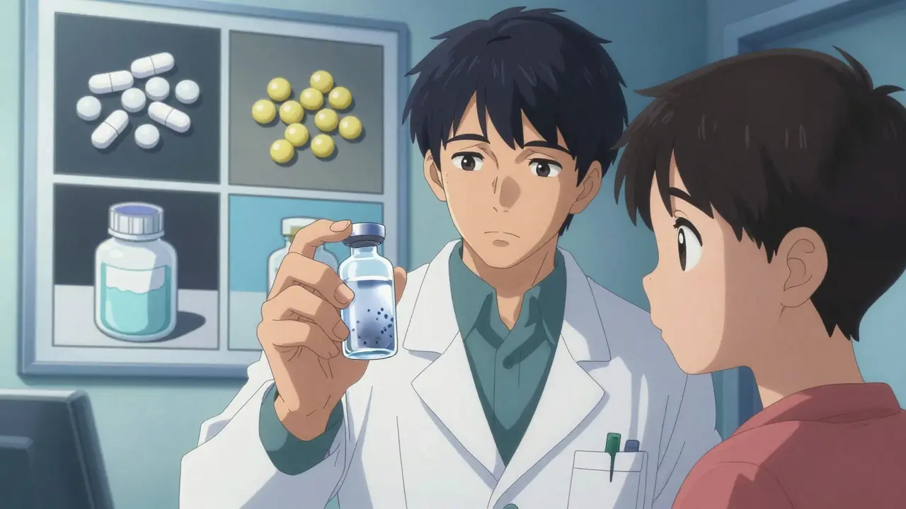 A pharmacist shows a cloudy liquid antibiotic to an anxious patient, with comparison panels on the wall.