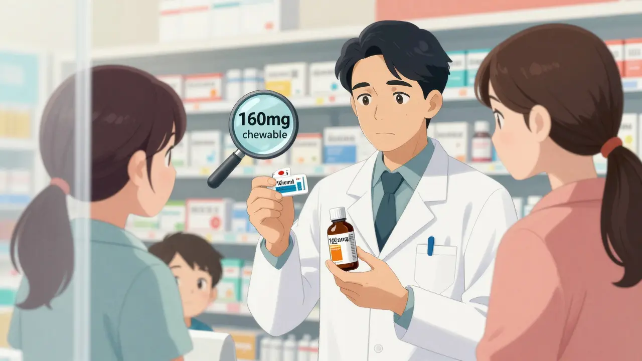 A pharmacist shows a parent how to match chewable and liquid medication doses.