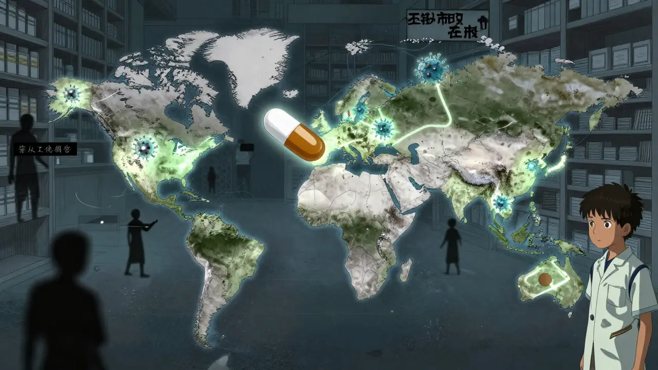 A single antiviral pill traveling across a glowing global map toward a child in a rural clinic, with barriers fading behind.