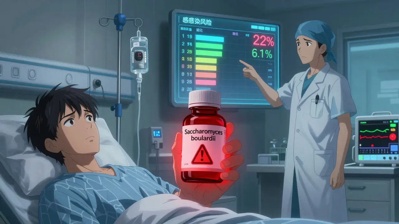 A transplant patient holding a probiotic bottle with a red warning symbol, doctor pointing to a risk chart in hospital setting.