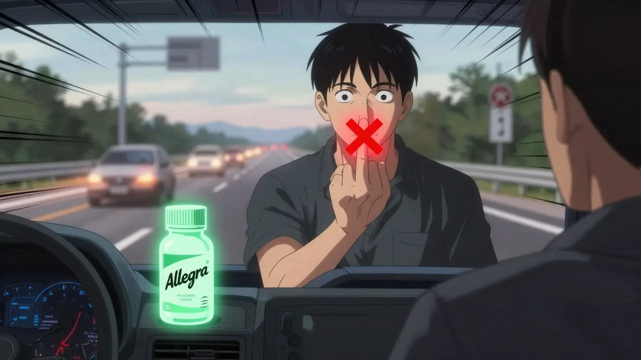 A truck driver failing a cognitive test while a non-sedating antihistamine glows beside them.