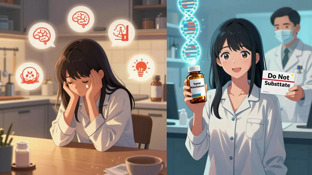 A woman experiencing fatigue on one side, feeling better on the other, with a pharmacist handing her a 'Do Not Substitute' prescription.