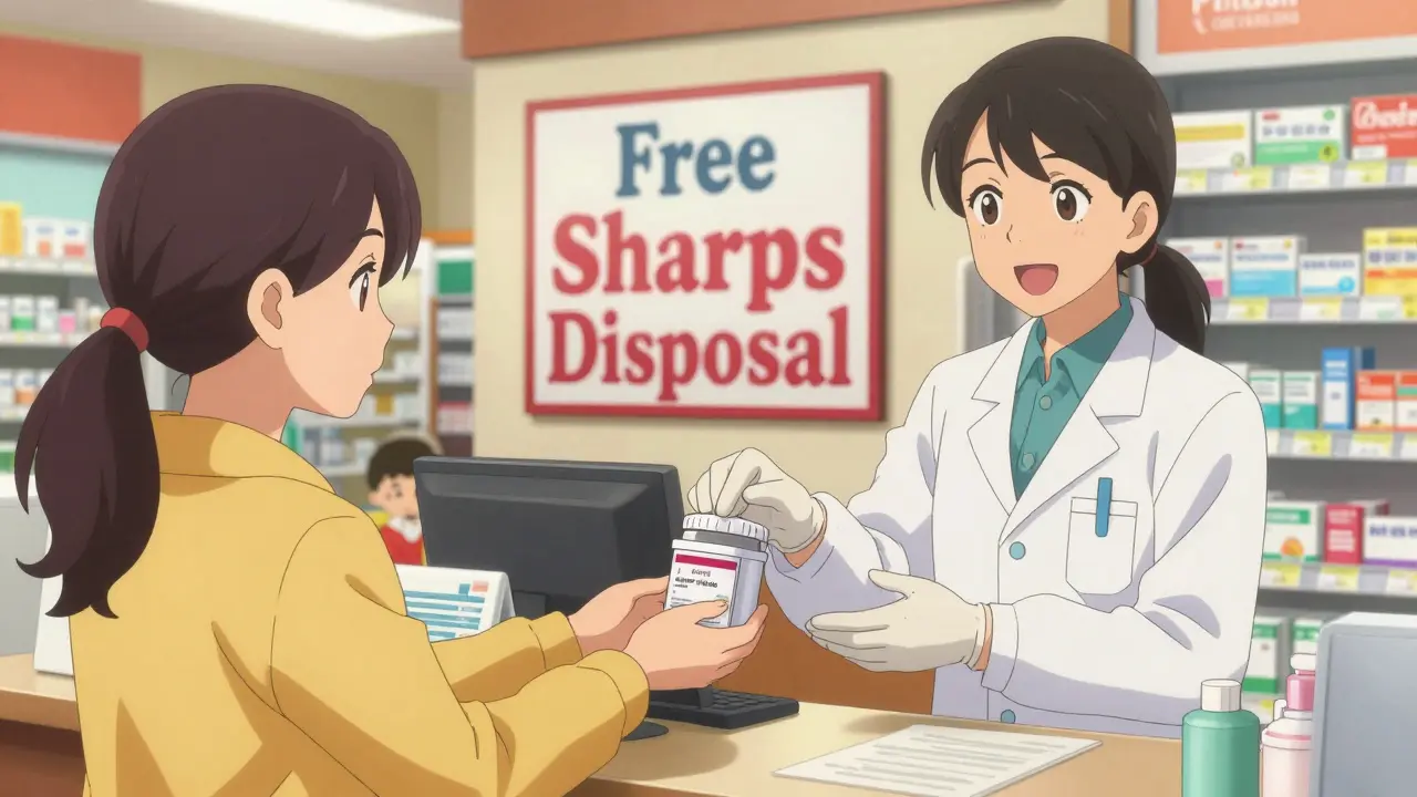 A woman handing a sealed sharps container to a pharmacist at a pharmacy.