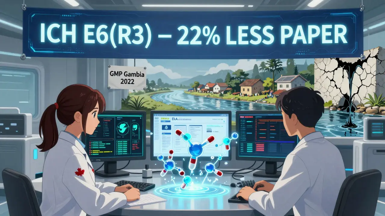 AI inspection room with Canadian and Australian scientists syncing global drug data, a cracked wall symbolizing unsafe manufacturing.