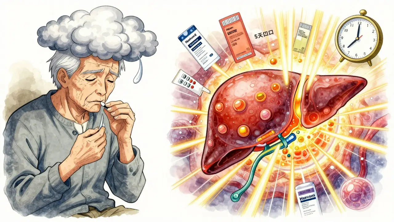 An elderly patient taking Paxlovid pills while a liver cell heals under golden antiviral rays, with a ticking clock in the background.