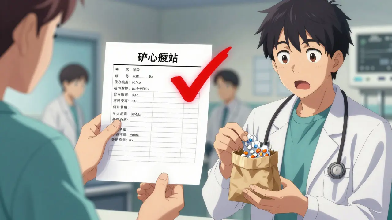 Caregiver handing a brown bag and medication list to a doctor in a hospital setting.