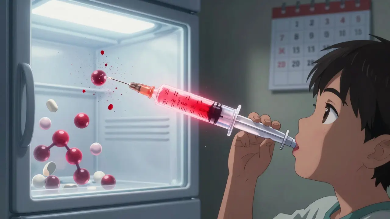 Child taking medicine from syringe as chemical breakdown appears visually