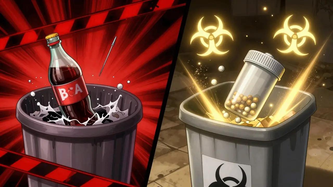 Contrasting scenes of dangerous improper disposal vs. safe sharps disposal.