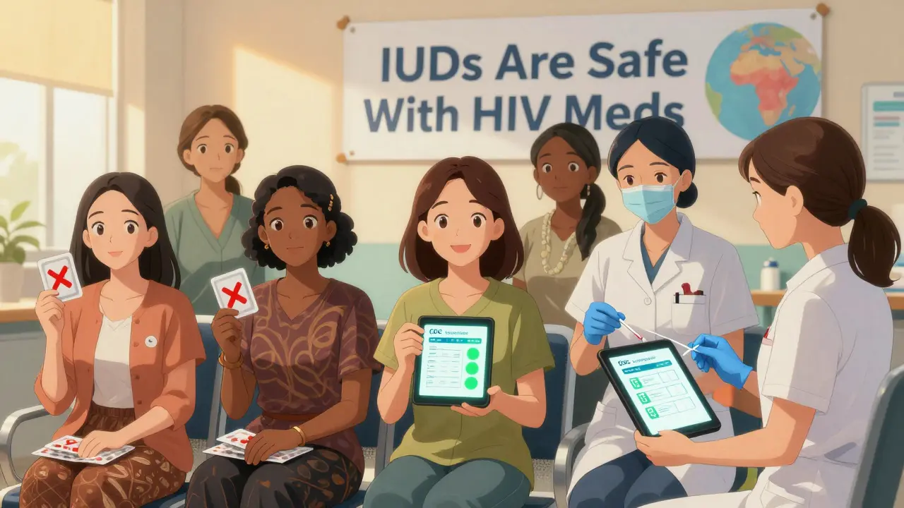 Diverse women in clinic, some receiving IUDs, one holding CDC checker tablet with green glow.